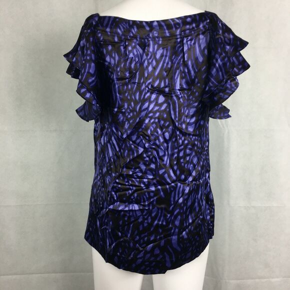 Banana Republic Shirt Womens Sz XS Purple Black Silk Satin Short Flutter Sleeve - Picture 4 of 8